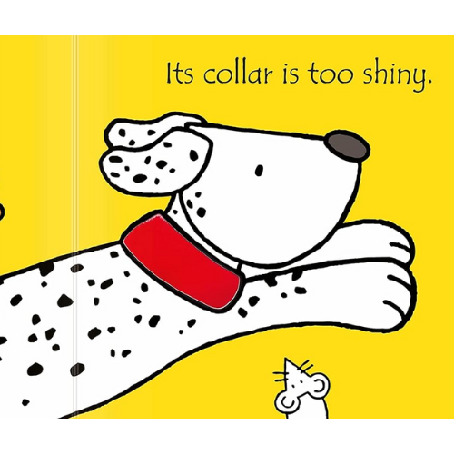 Cartoon dog with a shiny red collar on a yellow background