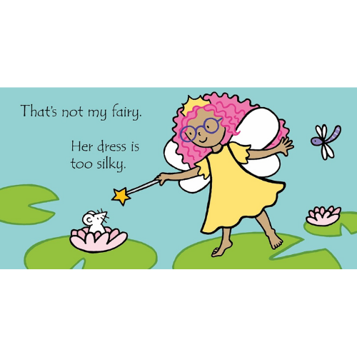 Illustration of a fairy with pink hair and a yellow dress on a blue background.