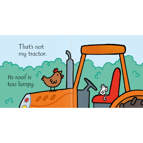 Cartoon chicken standing on a tractor with text indicating it's not the correct tractor.