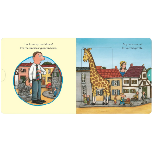 Illustration of a man and giraffe in a town setting with text on a yellow and blue background.