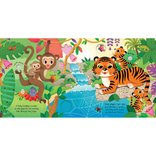 Illustration of a monkey and tigers in a jungle setting with colorful foliage.