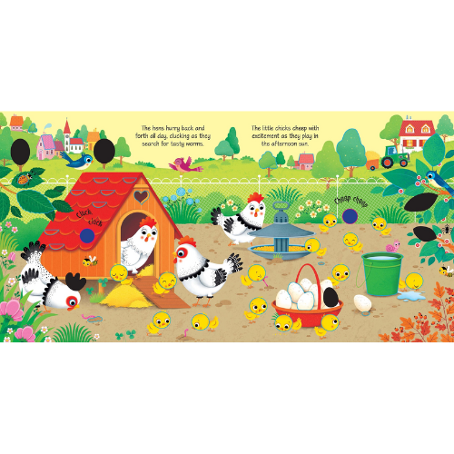 Illustration of chickens and chicks in a farm setting with a barn, trees, and a house.
