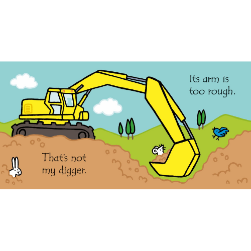 Cartoon excavator with text 'That's not my digger.' and 'Its arm is too rough.' on a blue sky and green landscape background.