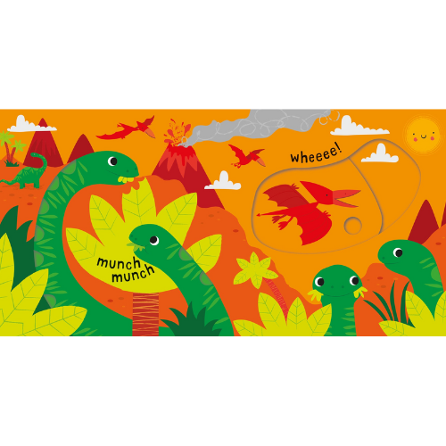 Illustration of dinosaurs and a red bird on an orange background