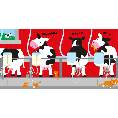 Cartoon cows in a milking parlor with a red background