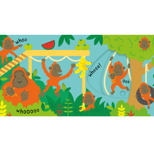 Illustration of orangutans in a jungle setting with various expressions and actions.
