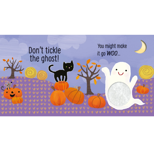 Halloween-themed illustration with a ghost, black cat, and pumpkins on a purple background.