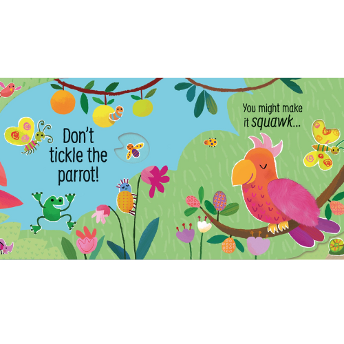 Colourful children's book page with a parrot, frog, and flowers on a green background.