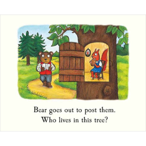 Illustration of a bear standing next to a tree with a squirrel inside, with text asking who lives in the tree.