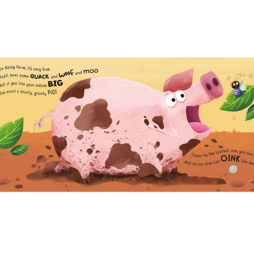 Illustration of a cartoon pig on a farm background with text