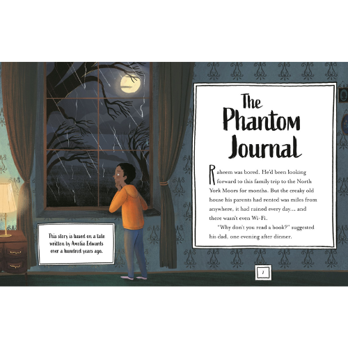 Illustration of a child looking out a window with text about 'The Phantom Journal'.