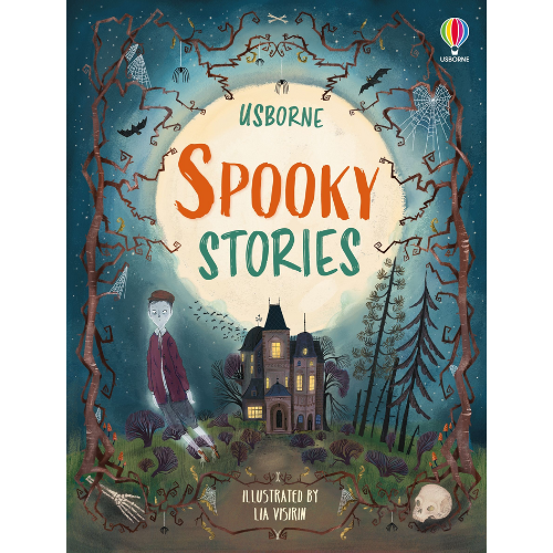 Book cover of 'Spooky Stories' with a haunted house and moonlit night scene, featuring Usborne logo.