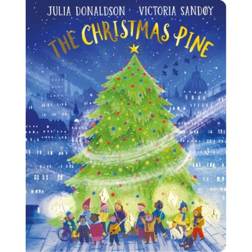 Book cover of 'The Christmas Pine' with a large decorated Christmas tree and children around it, set against a city skyline at night.