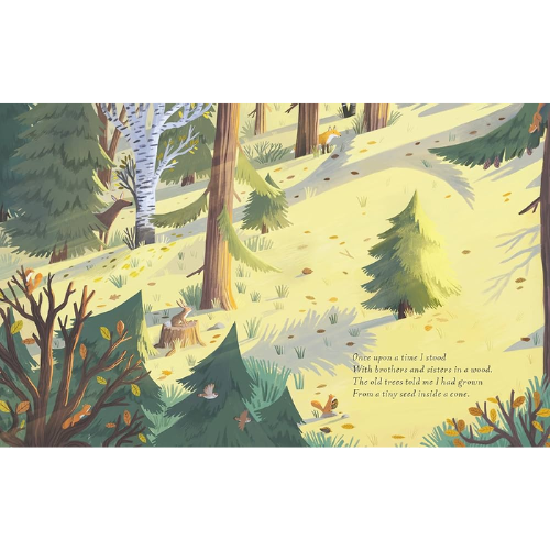 Illustration of a forest scene with trees and animals, featuring text.