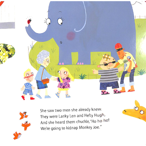 Illustration from a children's book with characters and an elephant in the background