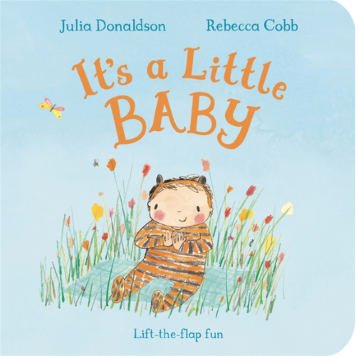 Book cover of 'It's a Little Baby' with a baby tiger in a field of flowers and butterflies.