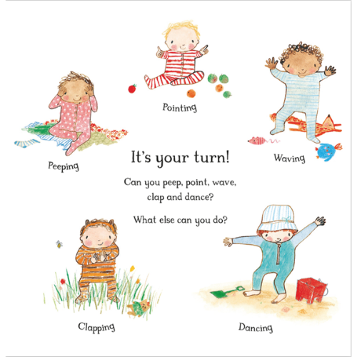 Illustrations of children performing various actions with text on a white background
