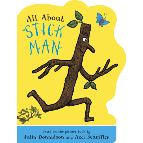 Book cover of 'All About Stick Man' with a stick figure running on a yellow background.