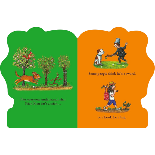 Illustrated book pages with characters and text on a white background
