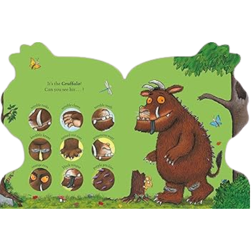 Children's book with illustrations of a gruffalo and its different facial expressions on a green background.