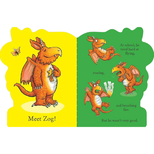 Illustrated book page with a dragon character on yellow and green background