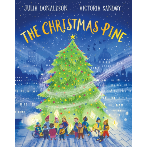 Book cover of 'The Christmas Pine' with a Christmas tree and children in a cityscape.