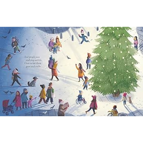 Illustration of people gathered around a Christmas tree in a snowy scene.