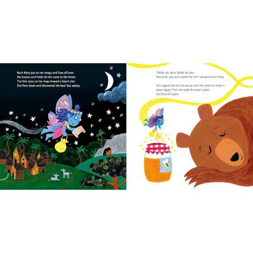 Illustrated book pages with a fairy and bear in a fantasy setting