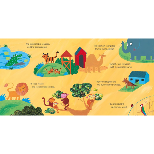 Illustrated children's book page with various animals and objects on a yellow background