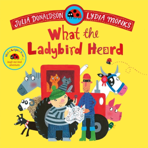 Book cover of 'What the Ladybird Heard' with illustrations of a boy and animals on a yellow background.