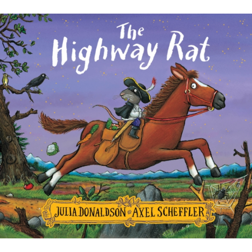 Book cover of 'The Highway Rat' with a rat on a horse against a purple sky.