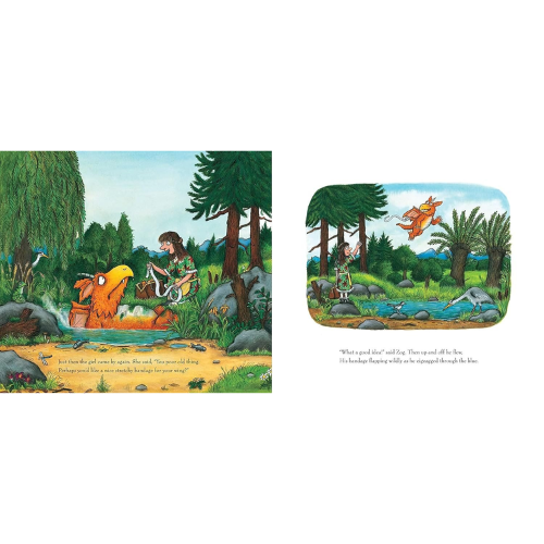 Illustrated book pages with a forest scene and characters interacting.
