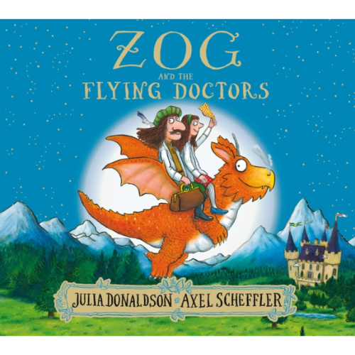 Book cover of 'Zog and the Flying Doctors' with a dragon and two characters against a blue sky.