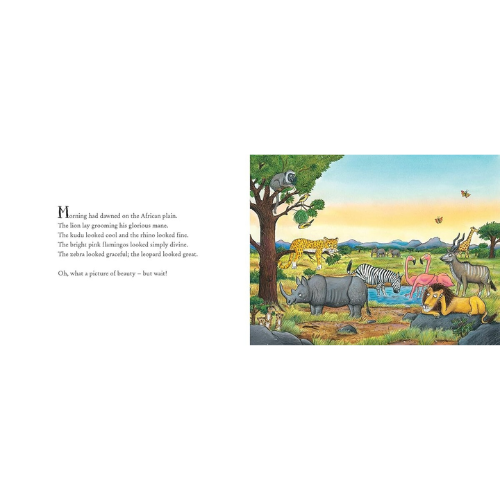 Illustration of a savanna scene with animals and text on a white background