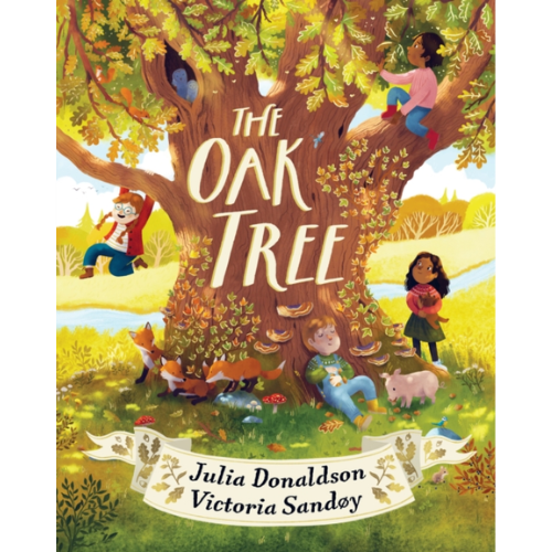Book cover of 'The Oak Tree' with children and animals around a large tree.