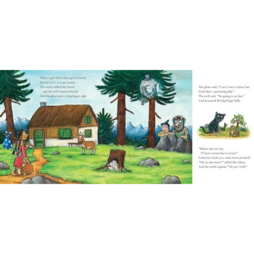 Illustrated book page with characters and a house in a forest setting