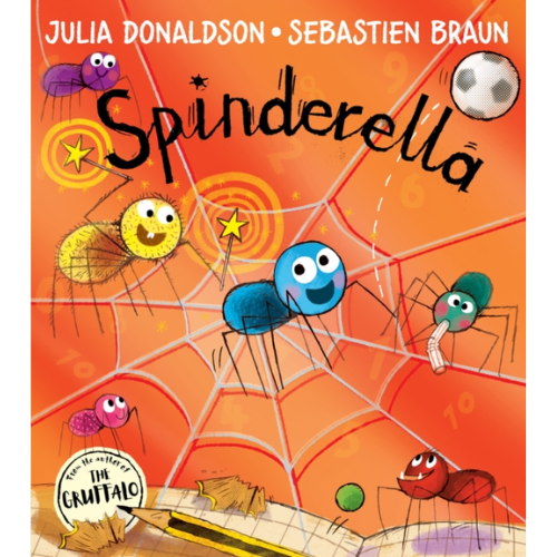 Book cover of 'Spinderella' with colorful spiders on an orange background