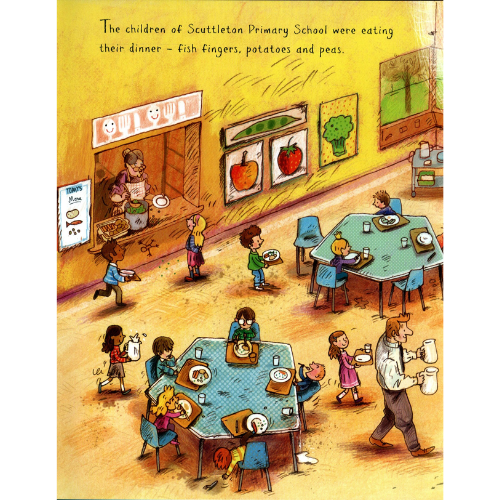 Illustration of children eating dinner at a school cafeteria.
