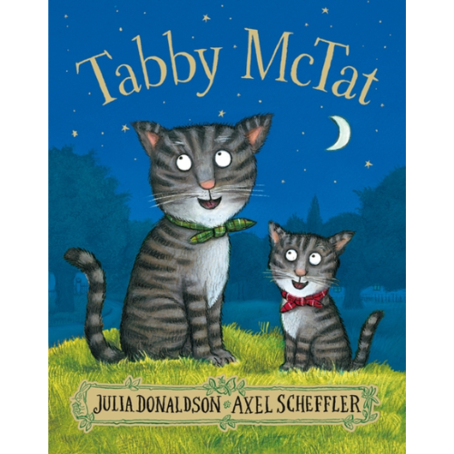 Book cover of 'Tabby McTat' with two cats sitting on grass against a night sky.