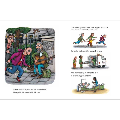 Comic strip with characters running, a guitar player, and a hospital scene.