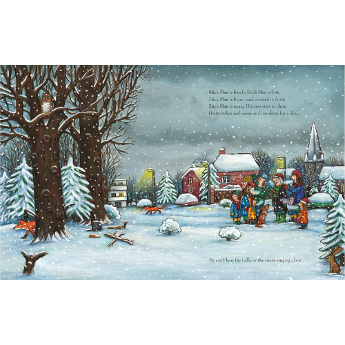 Illustration of a snowy village scene with people and animals, featuring text.