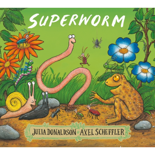 Book cover of 'Superworm' with illustrations of a worm, frog, snail, and other insects on a green background.