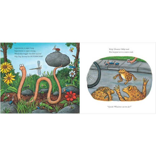 Illustrations from a children's book showing a garden scene with worms and a car with frogs inside.