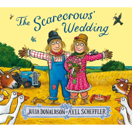 Book cover of 'The Scarecrows' Wedding' with two scarecrows and farm animals.