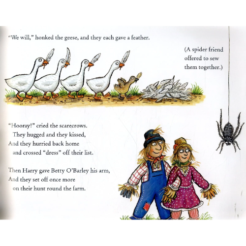 Illustrated page from a children's book with geese, scarecrows, and a spider.
