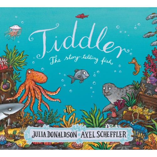 Book cover of 'Tiddler: The Story-Telling Fish' with underwater scene and characters.