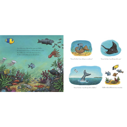 Illustrated book page with underwater scene and whale, surrounded by smaller illustrations of fish and marine life.