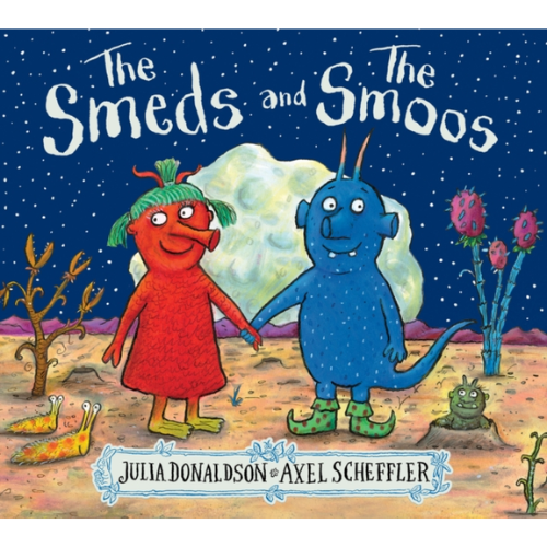 Book cover of 'The Smeds and The Smoos' with two colorful characters holding hands against a starry sky.