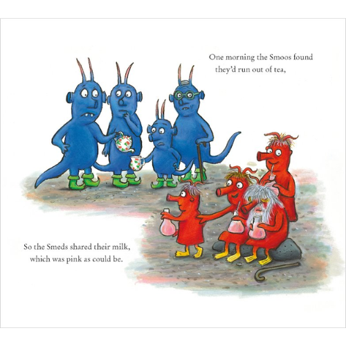Illustration of blue and red cartoon characters with text about tea and milk.