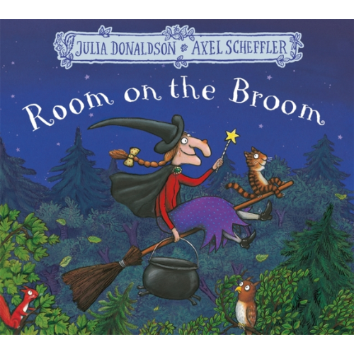 Book cover of 'Room on the Broom' with a witch and cat on a broomstick against a night sky.